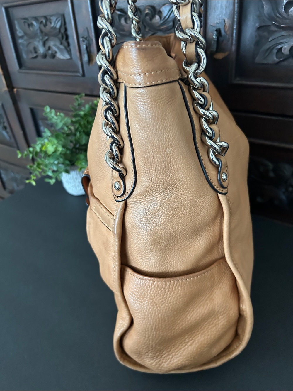 b. makowsky Tan Leather Chain-Accent Shoulder Bag - Picture 5 of 17